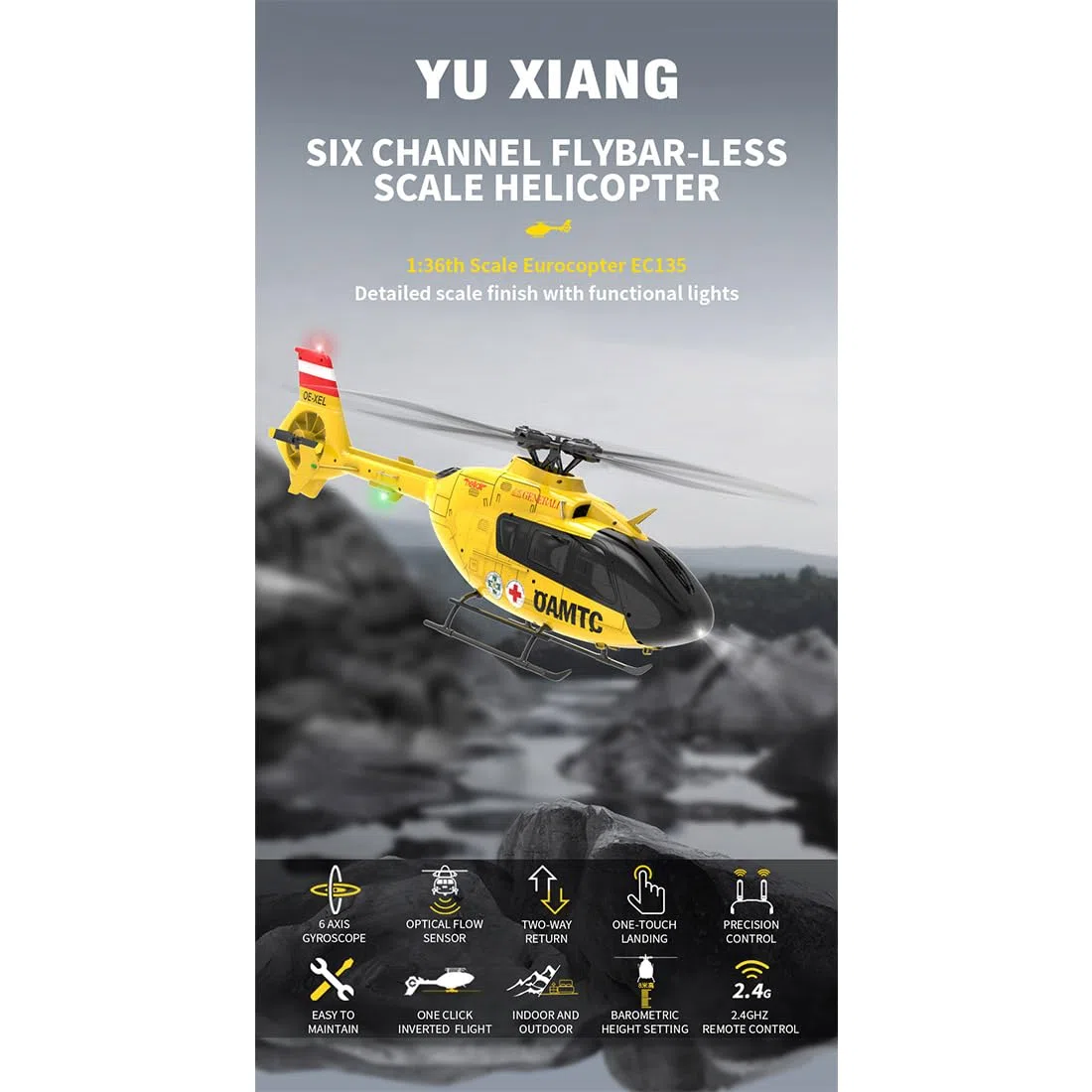 F06 EC-135 - Helicóptero RC para adultos, 1:36, 2,4 g, 6 canales, doble sin escobillas, motor de accionamiento directo, modelo de avión, helicóptero RC para aficionados a los aviones (RTF)
