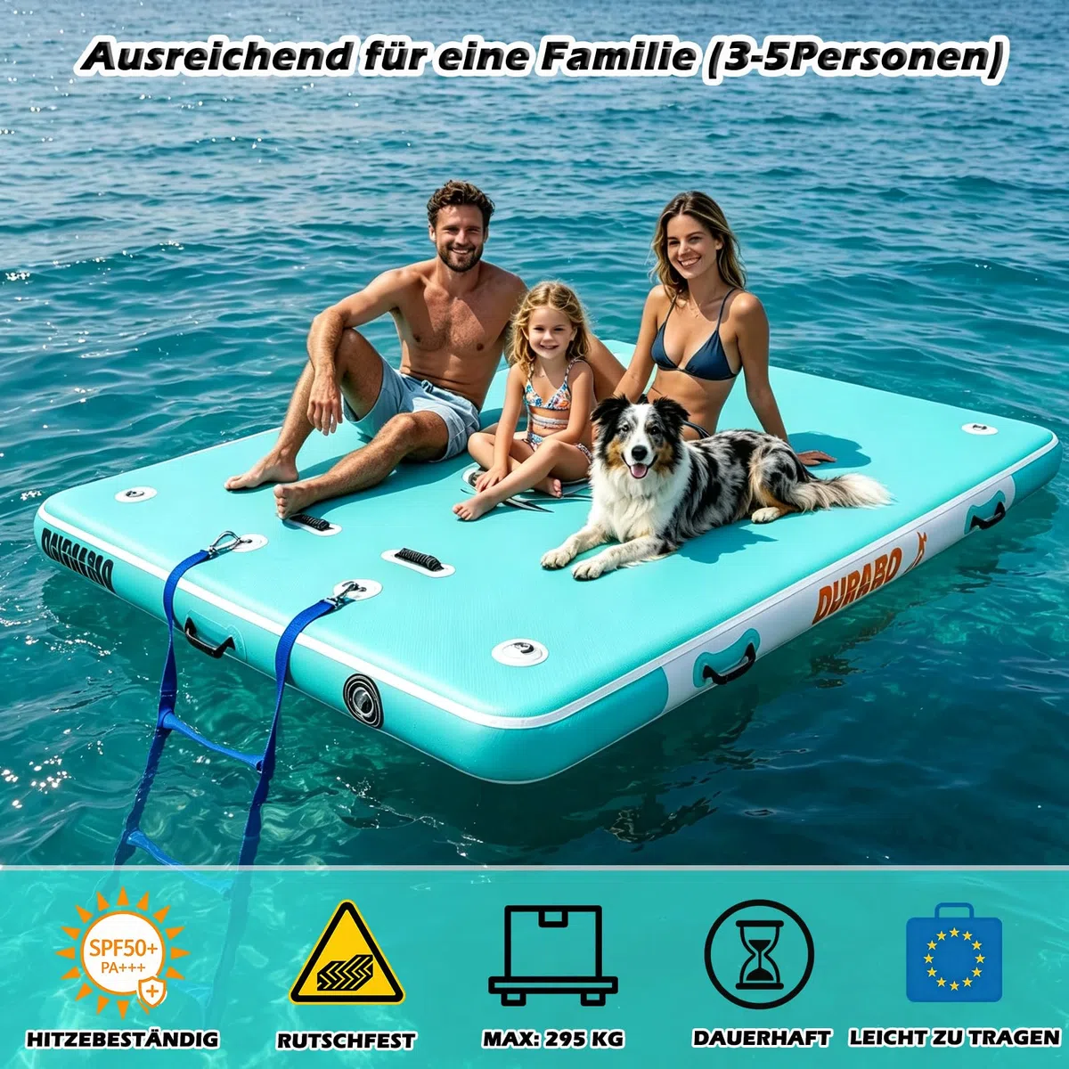 Plataforma hinchable XL 240 x 180 x 15 cm, isla de baño antideslizante para piscina y lago, isla de natación portátil con bolsa de transporte y bomba de aire, muelle flotante familiar para mar