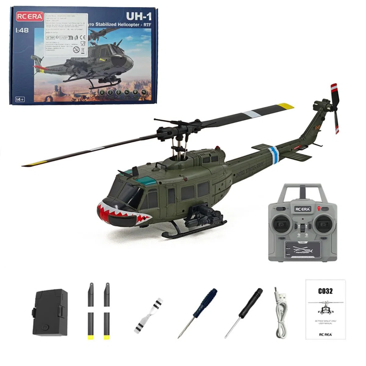 Helicóptero RC Huey C032 escala 1/48, control remoto 2.4G 6CH, giroscopio de 6 ejes, retención de altitud, 13 minutos de tiempo de vuelo y vuelo de acrobacias 3D, regalo para entusiastas de