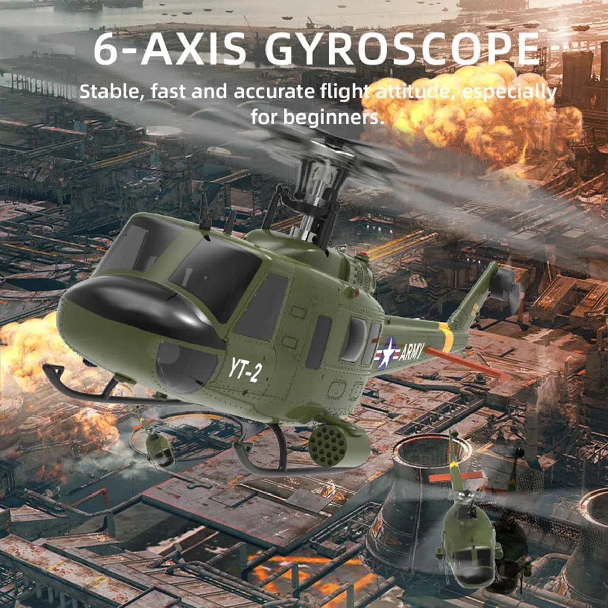 UH-1 Huey RC Helicóptero, 1/34 Escala 2.4G 6CH Control remoto Helicóptero, Dual Brushless Moto, Giroscopio de 6 ejes, 3Batería