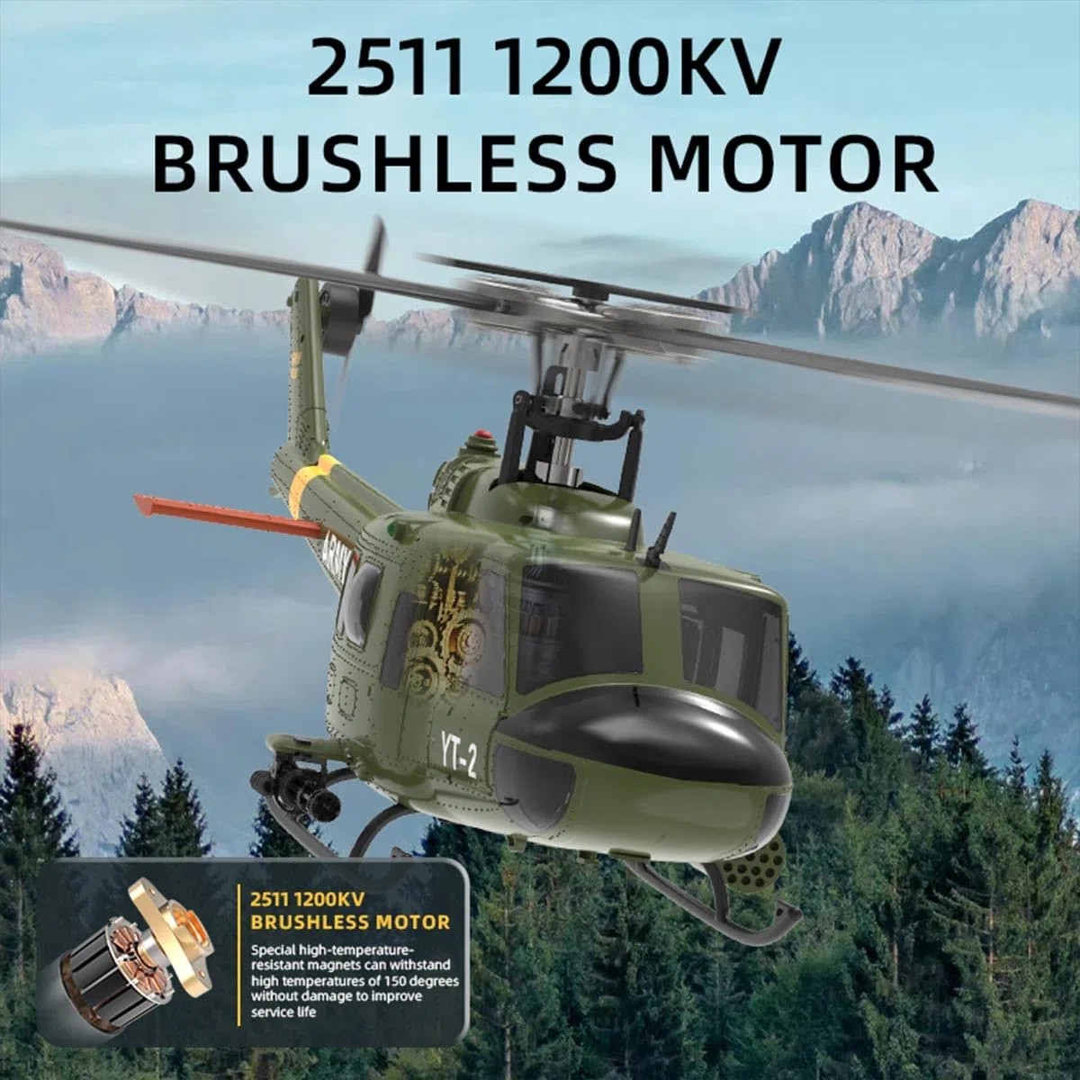 UH-1 Huey RC Helicóptero, 1/34 Escala 2.4G 6CH Control remoto Helicóptero, Dual Brushless Moto, Giroscopio de 6 ejes, 3Batería