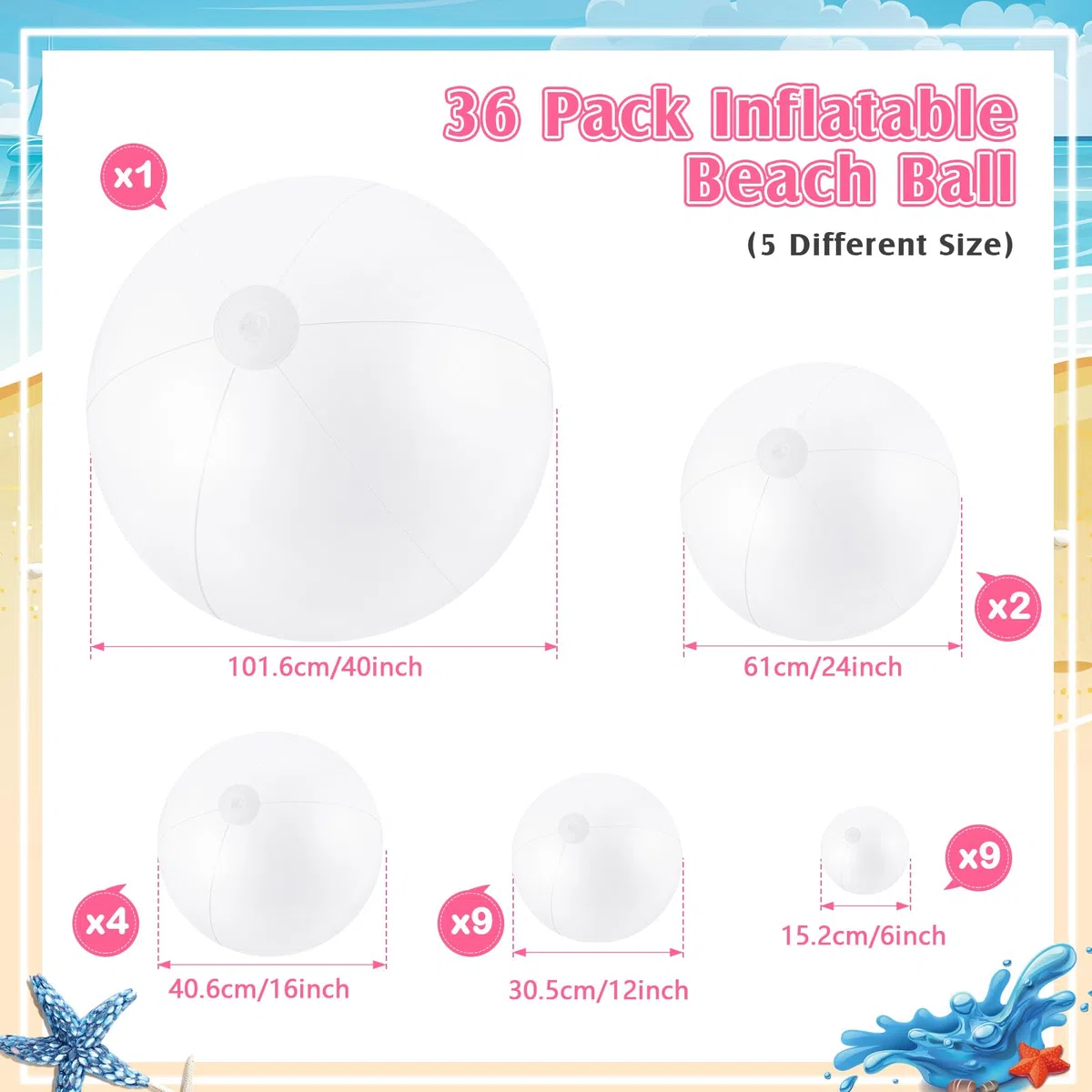 Realspring 36 bolas de playa inflables a granel de 6, 12, 16, 24 y 40 pulgadas, varios tamaños, de PVC, para piscina, para adultos, al aire libre, playa, Hawaii, juegos acuáticos, decoración de fiesta