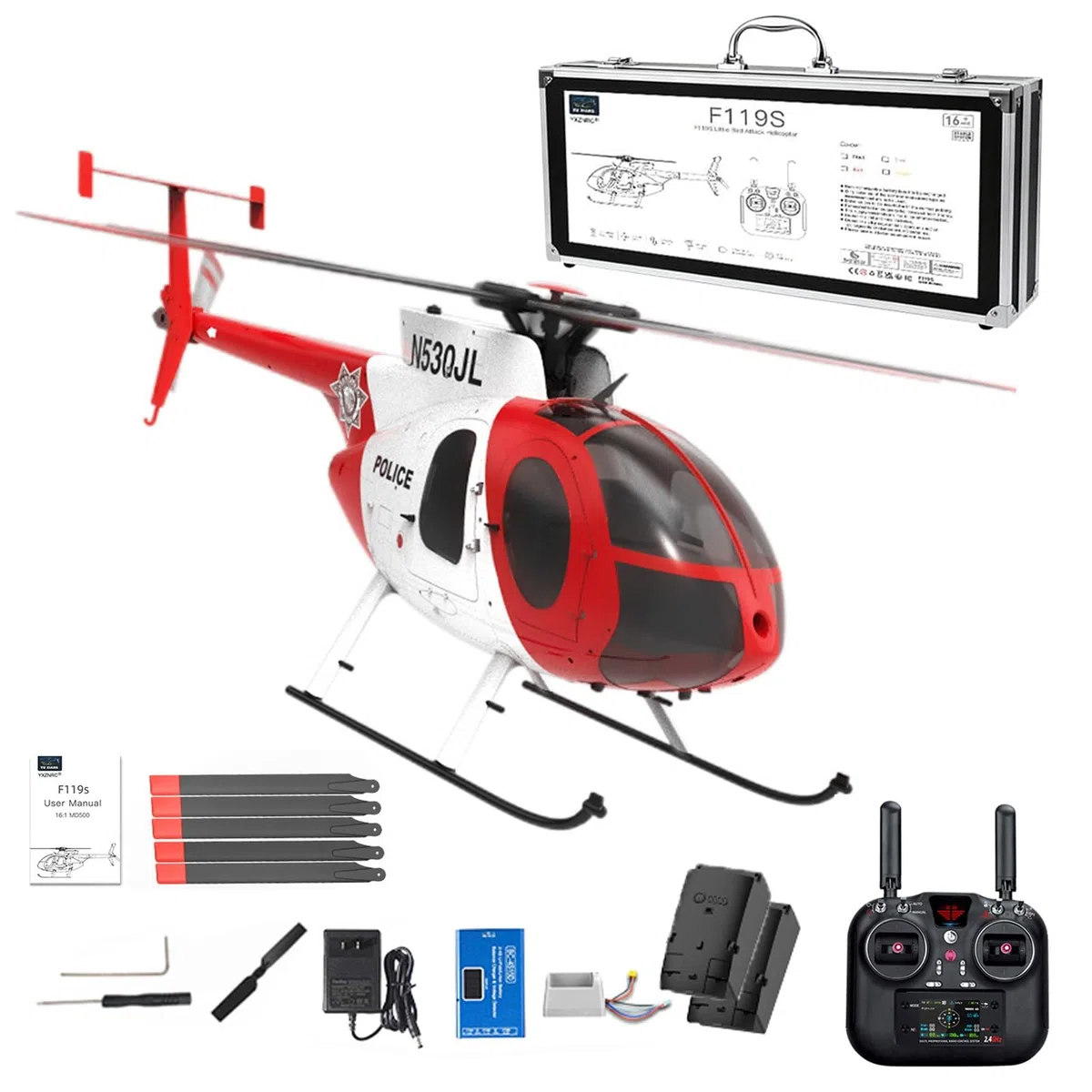 Helicóptero RC F119S MD500 con giroscopio de 6 Ejes, Modos conmutables 6G/3D y Cabina abatible - Helicóptero teledirigido RTF para Principiantes y Adultos(Red,No Camera)