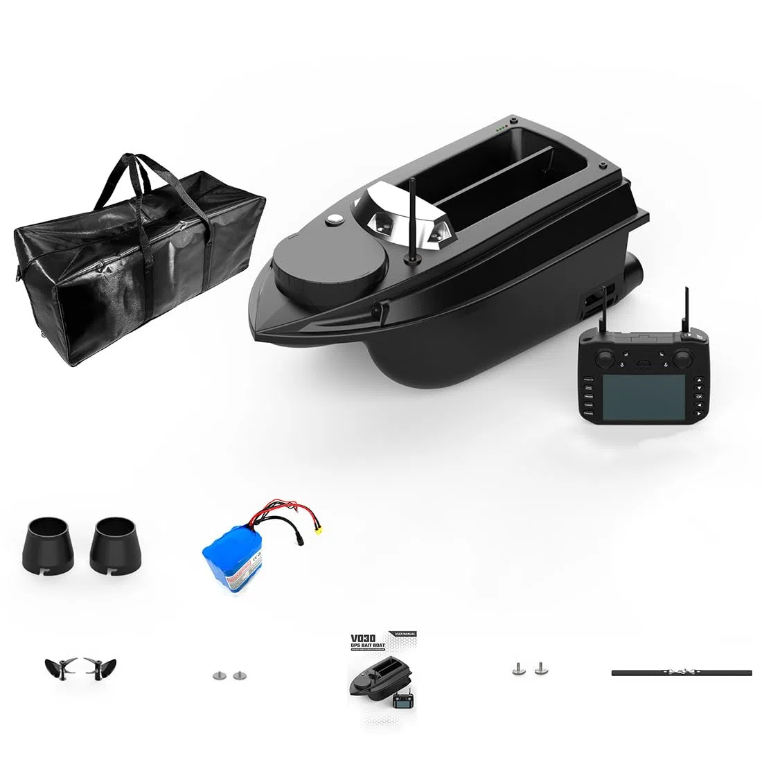 Barco de pesca teledirigido para cebo, V030 12V 2.4G 800M, control remoto para cebo, retorno automático, luces LED, 180 puntos de ruta GPS, barco de pesca teledirigido para lago (versión básica/negr