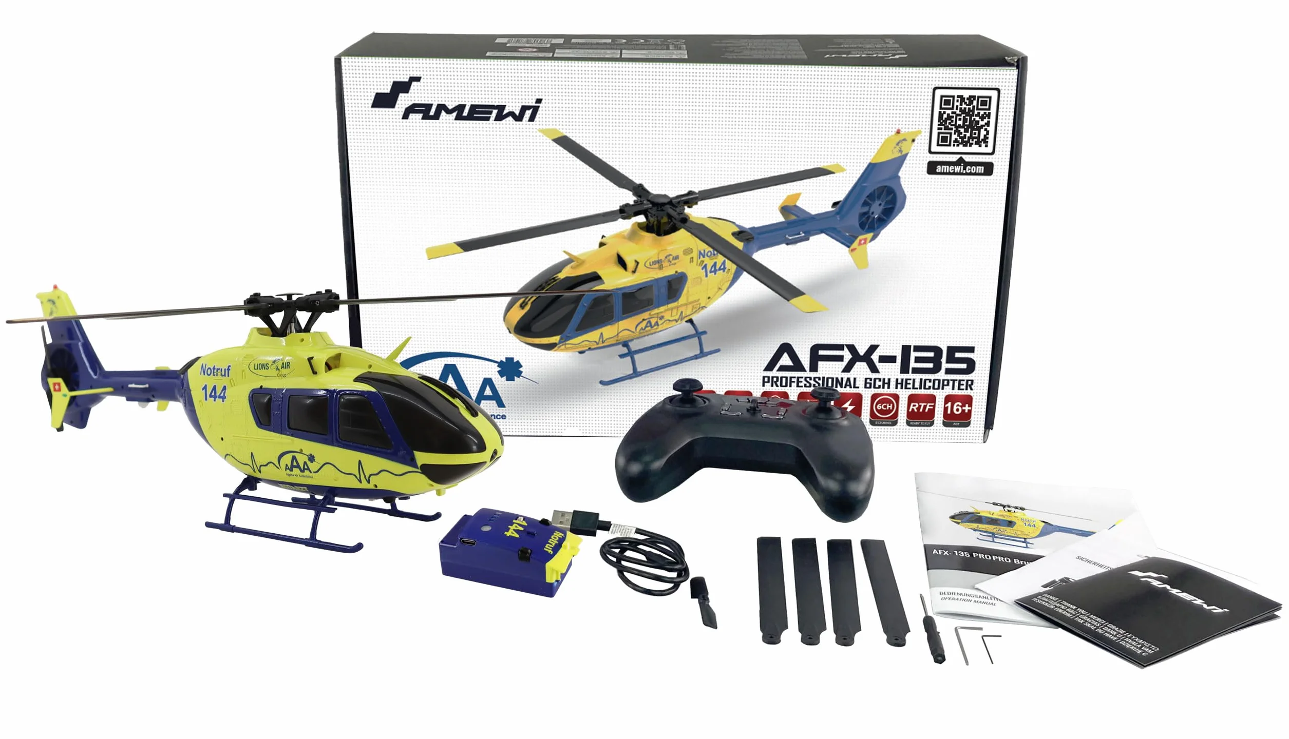 Amewi AFX-135 Pro Alpine Air Ambulance Helicóptero de 6 Canales teledirigido 6G RTF Amarillo neón