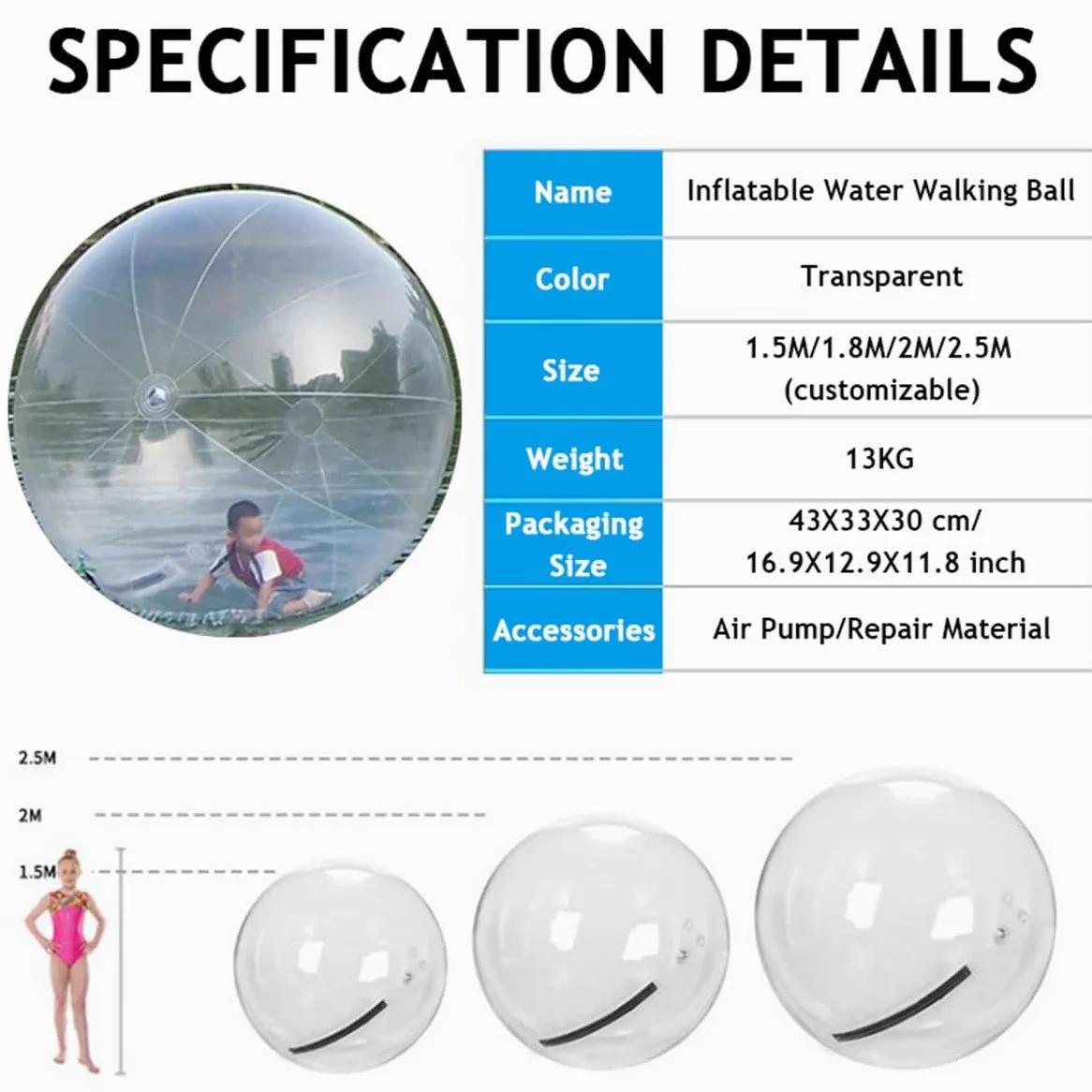 Equipo de deportes acuáticos transparente: balón inflable de PVC para caminar sobre el agua con cremallera, ideal para playas y piscinas, con bomba de aire(2.5m)
