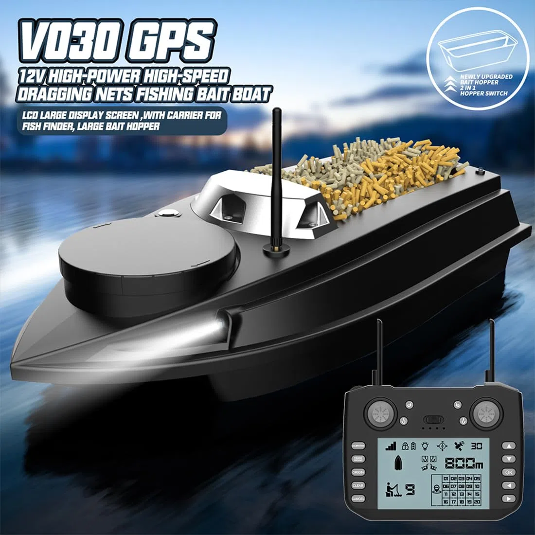 Barco de pesca teledirigido para cebo, V030 12V 2.4G 800M, control remoto para cebo, retorno automático, luces LED, 180 puntos de ruta GPS, barco de pesca teledirigido para lago (versión básica/negr