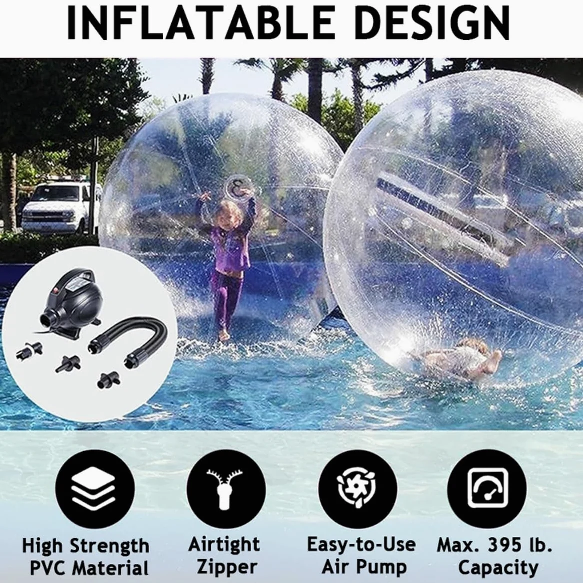 Equipo de deportes acuáticos transparente: balón inflable de PVC para caminar sobre el agua con cremallera, ideal para playas y piscinas, con bomba de aire(2.5m)