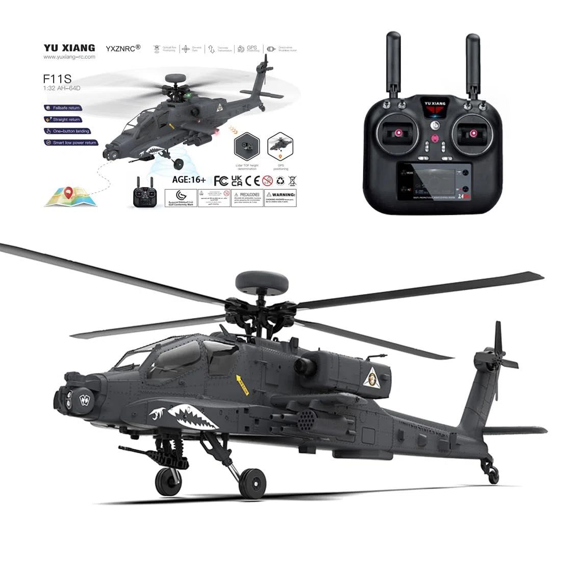 YU XIANG F11-S AH64 - Helicóptero a control remoto, escala 1/32, 2.4G, 6 canales, avión sin barra de doble eje con sistema inteligente GPS, vuelo de acrobacias 6G/3D, modelo de aviación