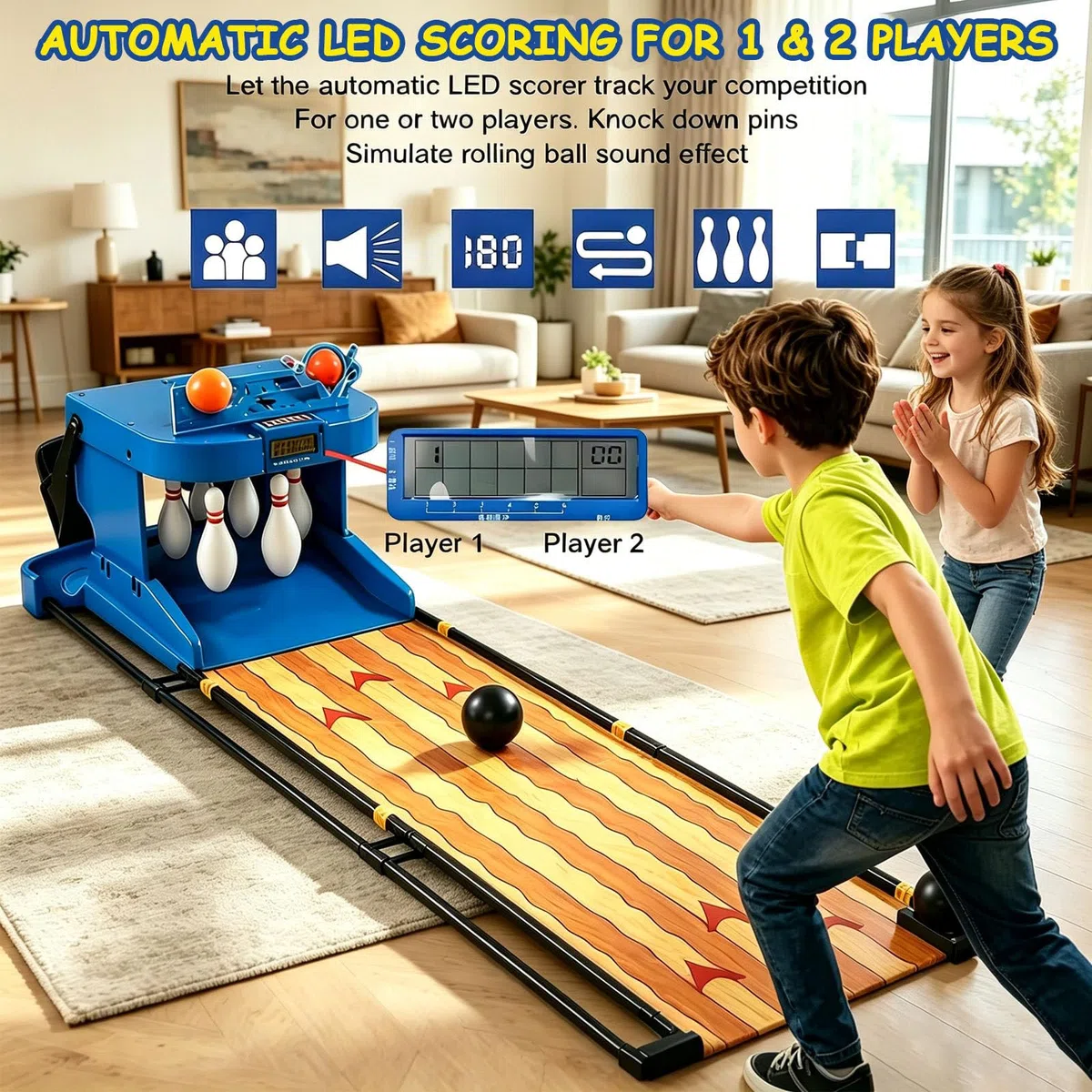 Juego de Bolos para niños y Adultos, con Marcador LED, reseteo automático, Efectos de Sonido y Luces Fiestas en casa y Actividades de unión Familiar 3.5m/11ft