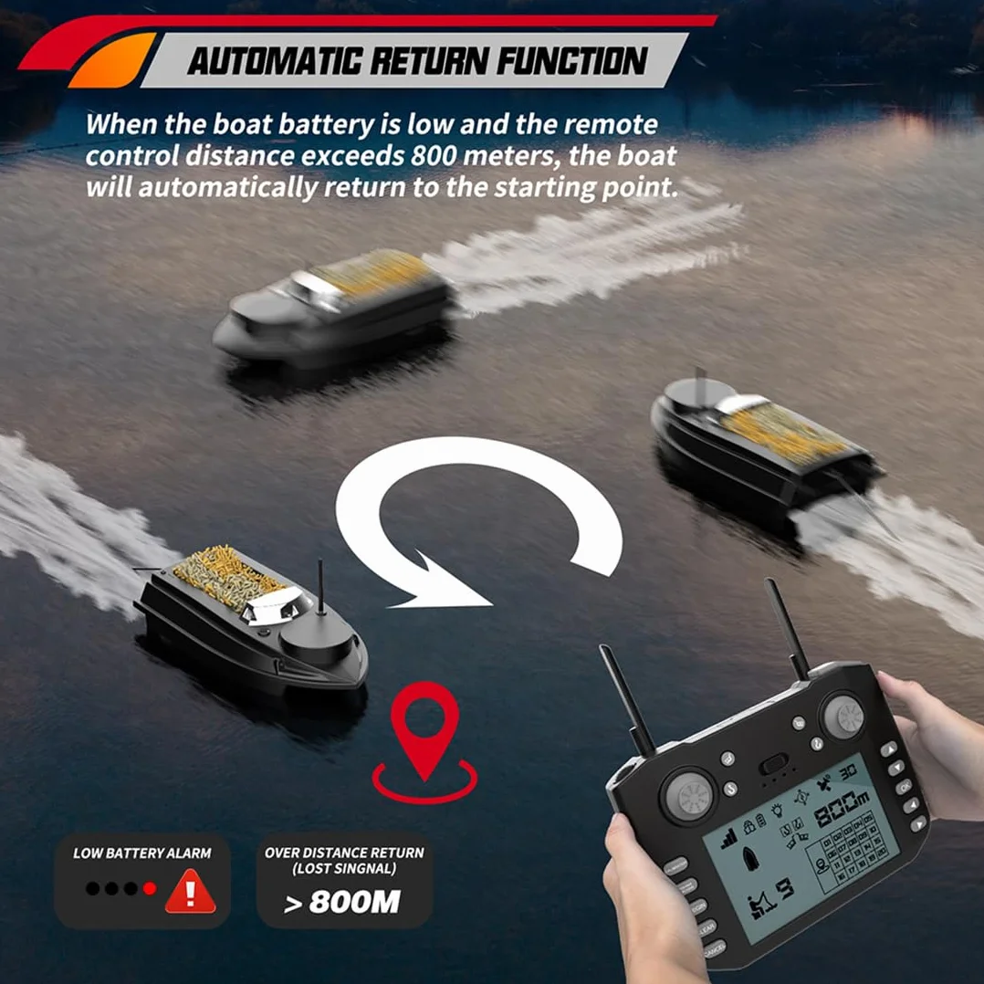 Barco de pesca teledirigido para cebo, V030 12V 2.4G 800M, control remoto para cebo, retorno automático, luces LED, 180 puntos de ruta GPS, barco de pesca teledirigido para lago (versión básica/negr