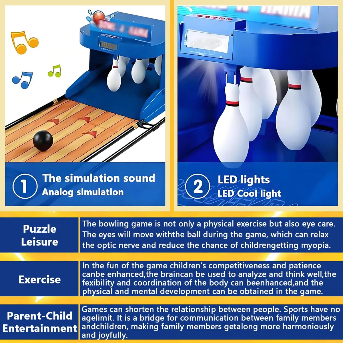 Juego de Bolos para niños y Adultos, con Marcador LED, reseteo automático, Efectos de Sonido y Luces Fiestas en casa y Actividades de unión Familiar 3.5m/11ft