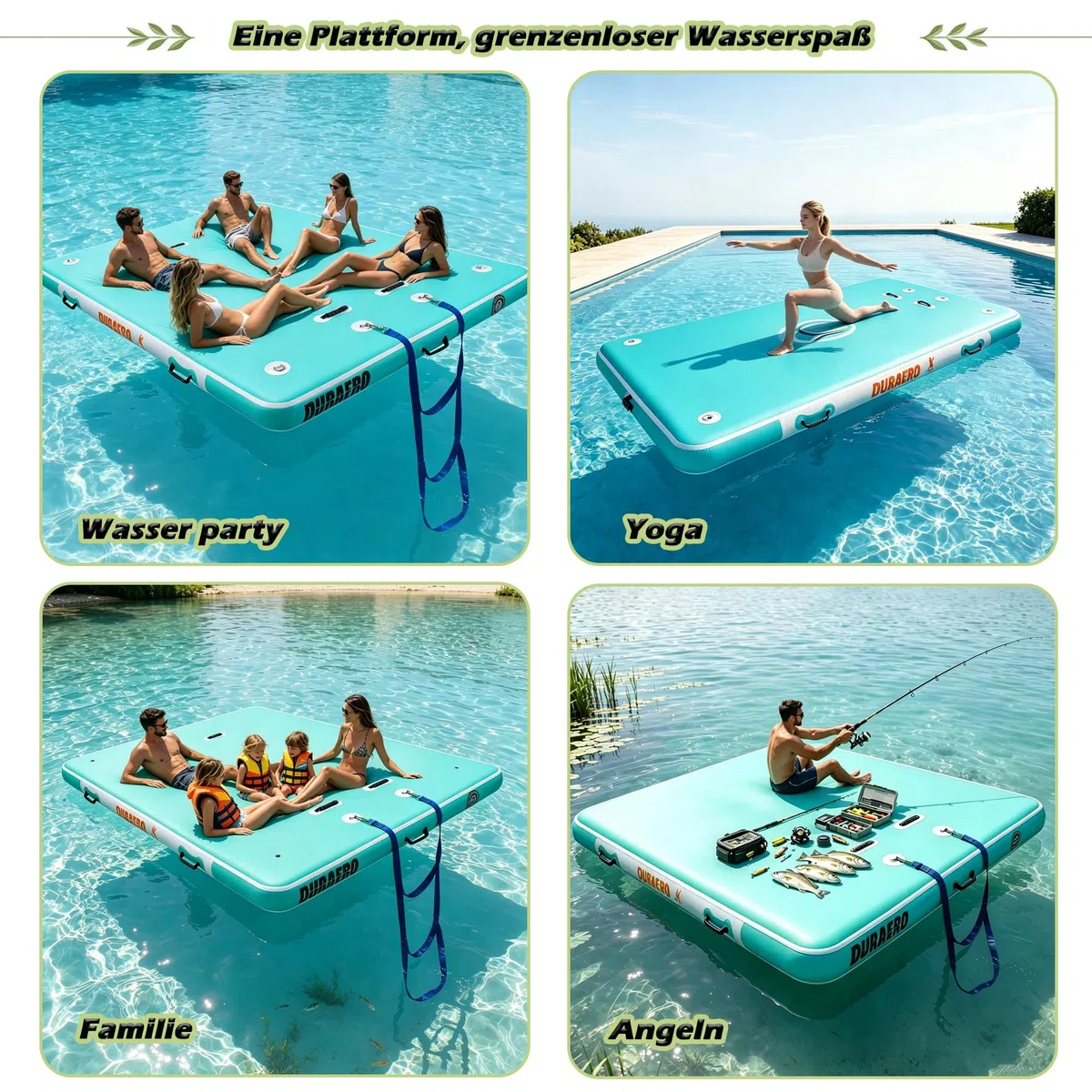 Plataforma hinchable XL 240 x 180 x 15 cm, isla de baño antideslizante para piscina y lago, isla de natación portátil con bolsa de transporte y bomba de aire, muelle flotante familiar para mar